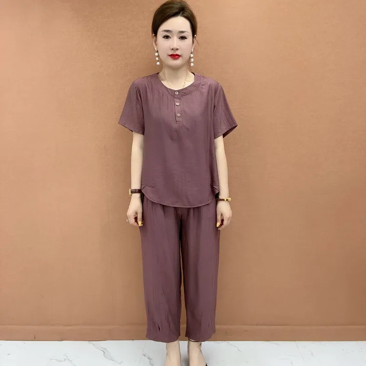 大码洋气中老年套装女2025夏新款妈妈装圆领纯色小衫两件套宽松