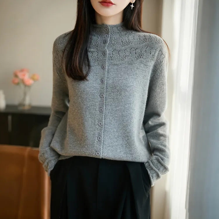 复古法式钩花半高领秋冬软糯加厚针织开衫纯色打底毛衣保暖爆款内