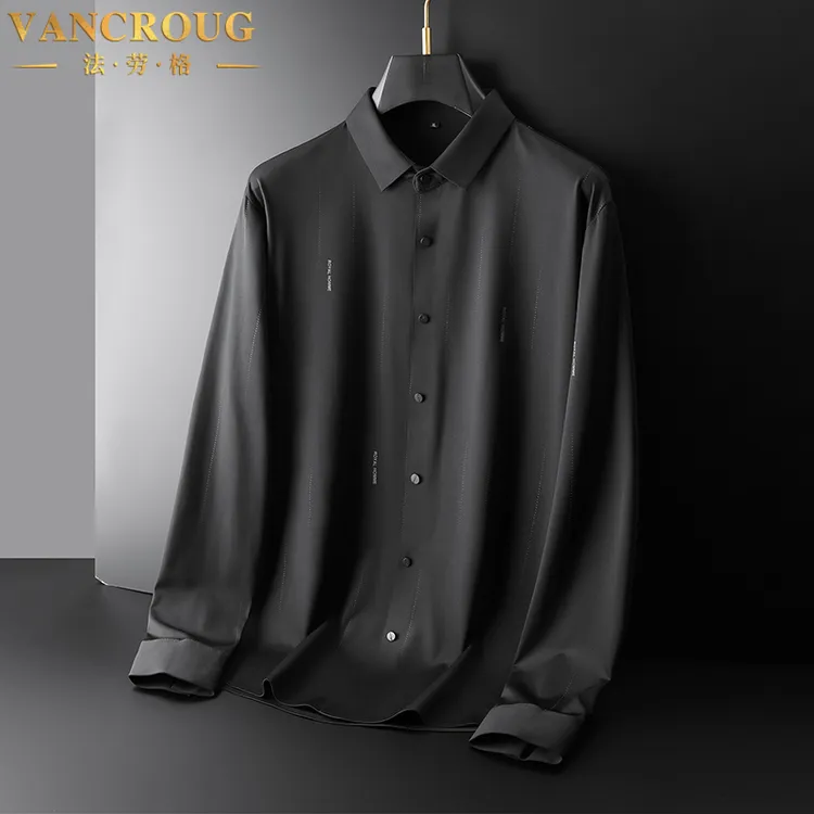 VANCROUG/法劳格男士长袖衬衫秋季加大码竖条纹高端免烫垂感衬衣 