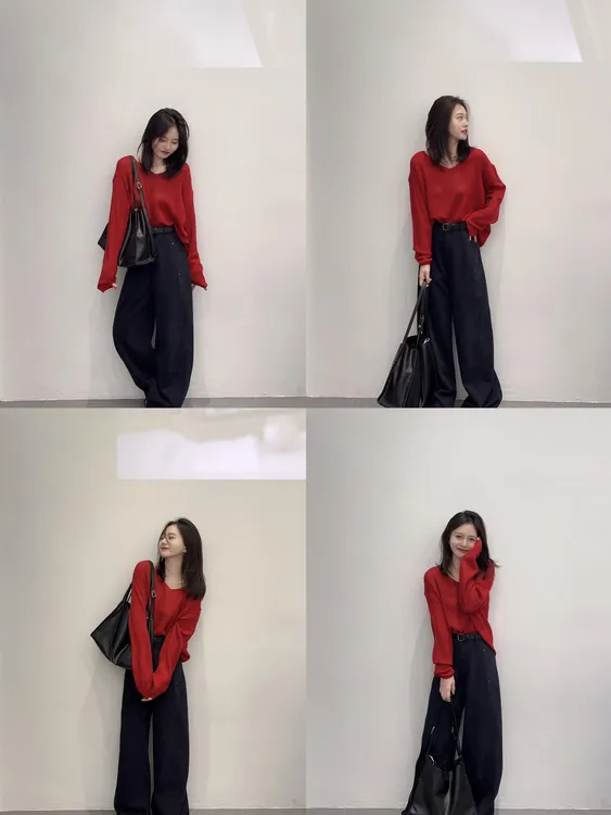 【破晓】轻熟风气质红色针织上衣减龄显瘦高腰藏青色牛仔裤两件套