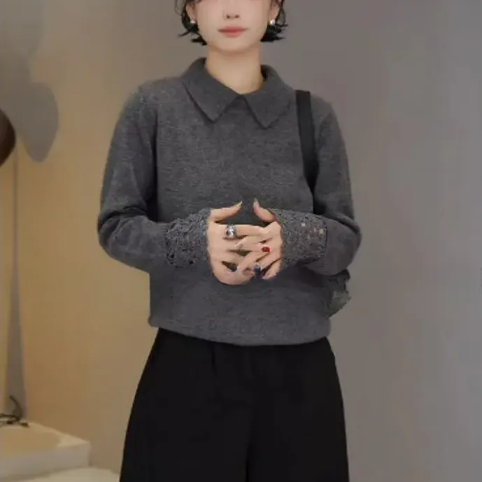 多一“漫雪”2025冬季新款翻领螺纹下摆绵羊毛加兔毛镂空袖口针织衫