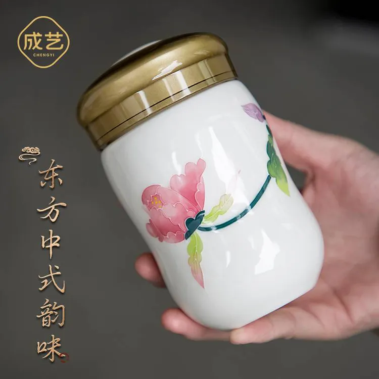 满堂春陶瓷手绘白瓷茶水分离杯高档暖手杯带盖便携茶杯茶具家用