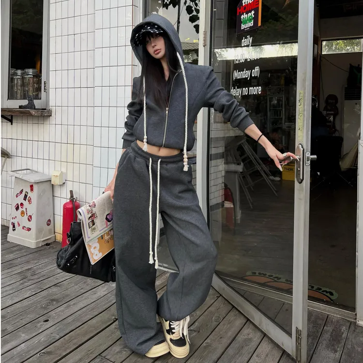 美式连帽卫衣开衫女秋季拉链外套上衣抽绳直筒阔腿长裤老钱风套装