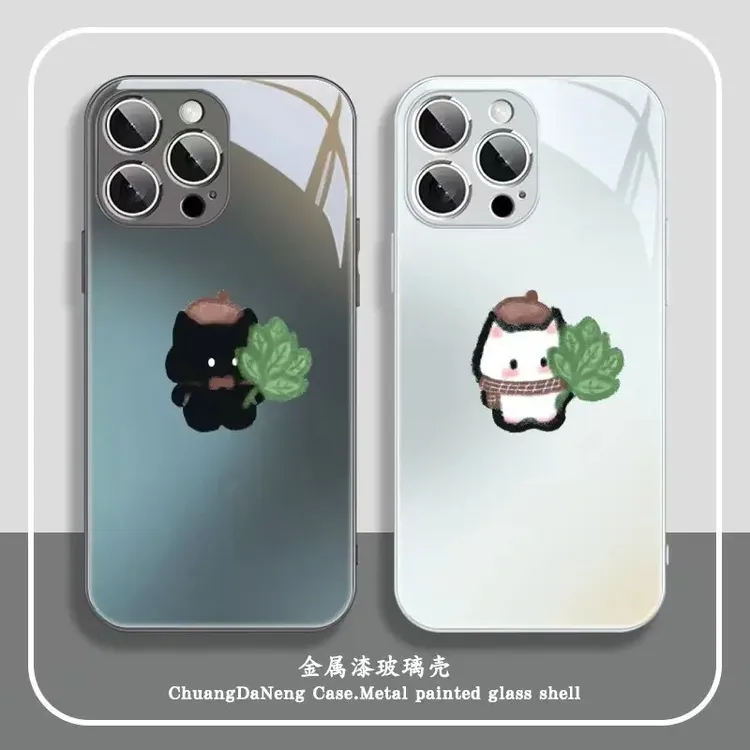 好运柚子叶适用苹果17pro/华为/小米17/vivo/OPPO黑白猫咪手机壳