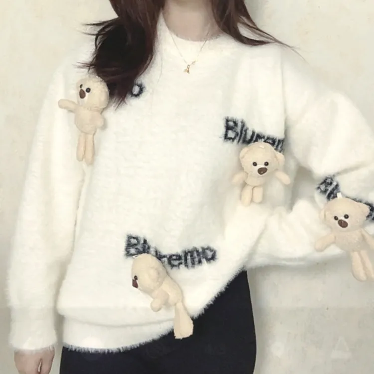 针织秋季不起球长袖针织衫圆领休闲小熊重工毛衣秋冬白色宽松