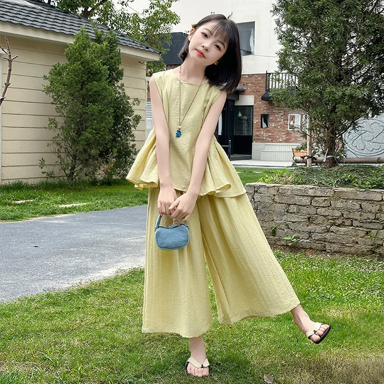 女童套装夏季2025新款儿童背心娃娃衫阔腿裙裤两件套中大童夏装潮