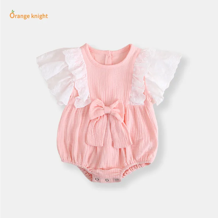 婴儿夏季甜美风洋气粉嫩蝴蝶结蕾丝花边飞袖0 - 3岁女宝宝包屁衣