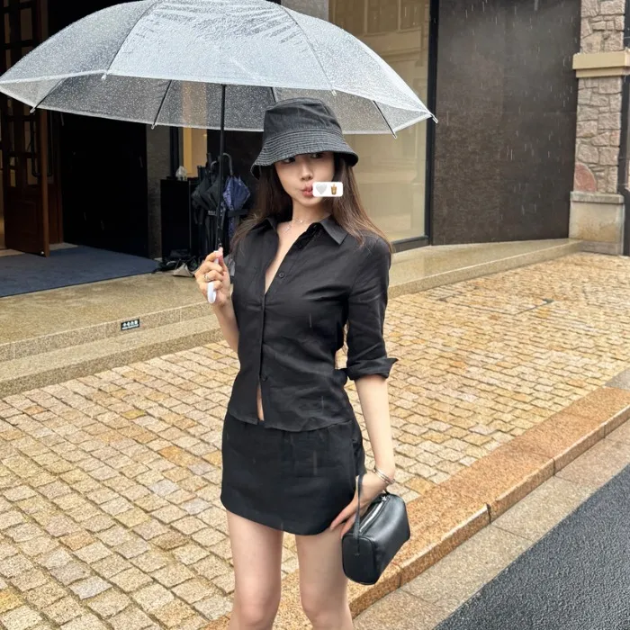 气质长袖衬衫女夏季后背腰带polo领防晒衬衣小众上衣短裤裙两件套