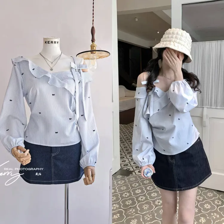 蓝调诗筏 2025法式气质甜美修身显瘦优雅衬衫+牛仔短裙两件套套装