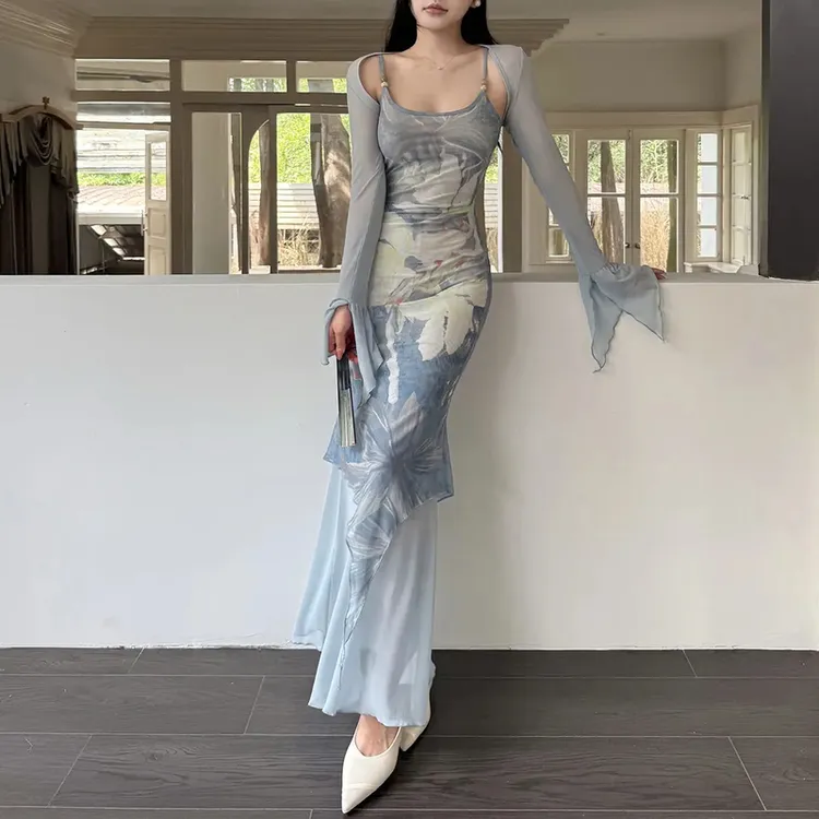 KaDaiShan 复古印花吊带连衣裙套装夏季度假风性感气质网纱两件套