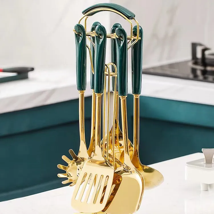 北欧轻奢不锈钢厨具七件套礼盒套装陶瓷手柄烹饪锅铲汤勺厨房用品