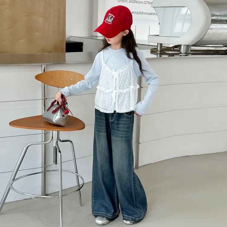 女童早秋穿搭套装2025新款女孩韩系超好看假两件上衣牛仔裤两件套