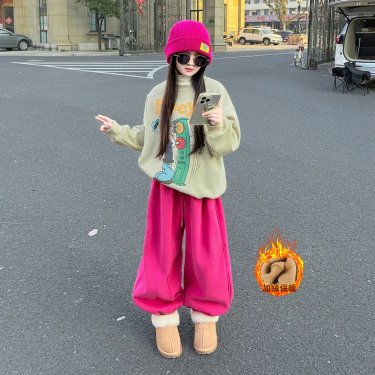 女童加绒卫衣套装秋冬2025新款儿童女孩韩版加厚上衣一体绒衣服潮