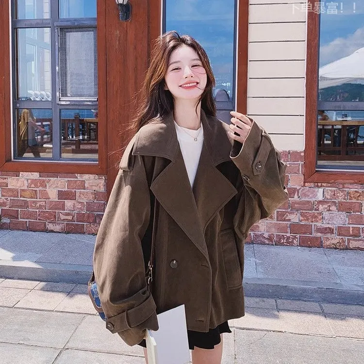 双排扣麂皮绒工装风衣短外套女春秋高级感又酷设计飒流行独特又