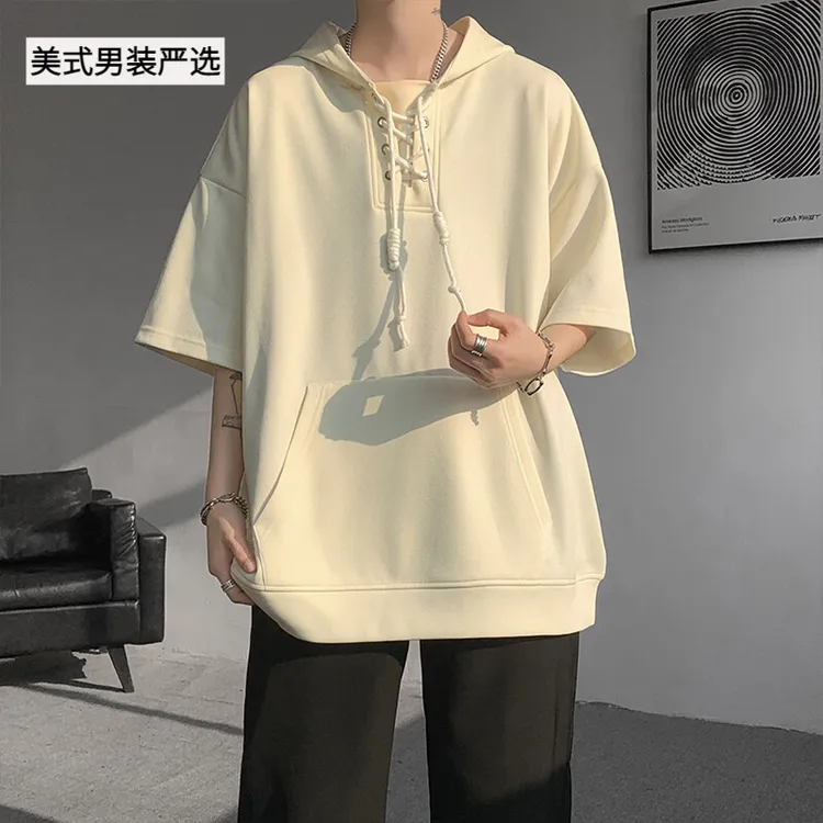 学院风痞帅短袖连帽t恤衫男女夏季潮流设计感休闲百搭半截袖卫衣