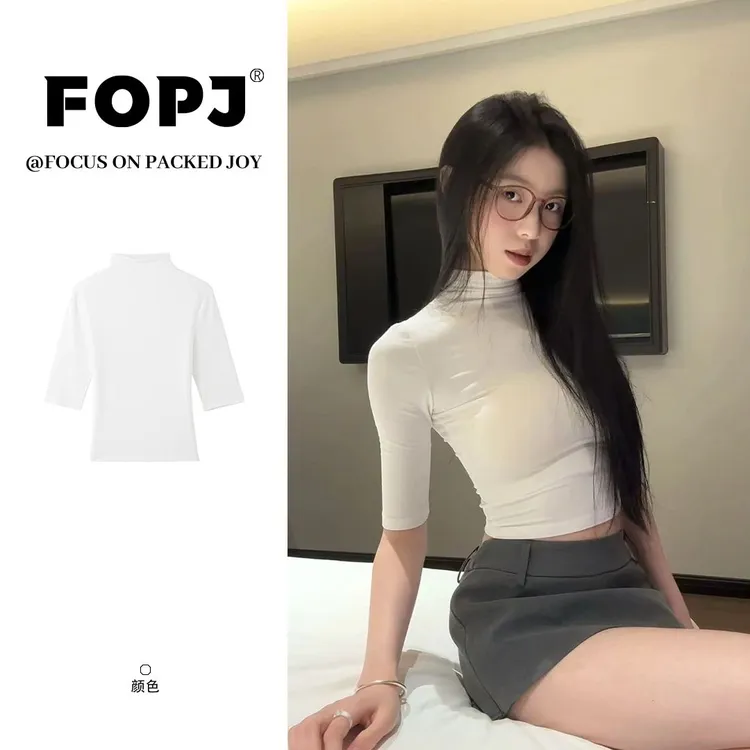FOPJ韩系纯欲风辣妹短款半高领中袖打底衫长袖t恤女修身显瘦上衣
