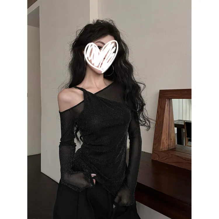 御姐复古半透视吊带露肩亮闪闪长袖t恤女装秋季修身显瘦百搭上衣