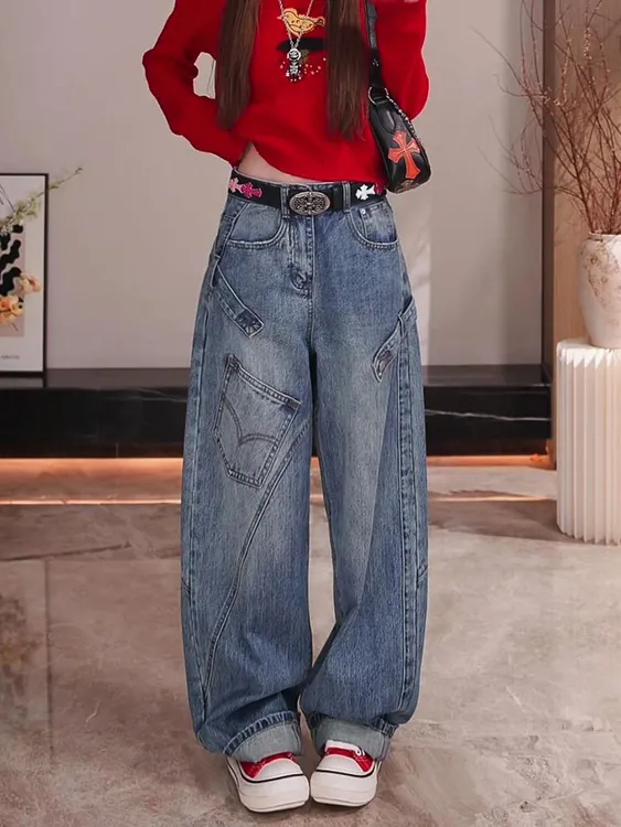 美式复古做旧水洗设计感牛仔裤子女辣妹错位口袋拼接廊形弯刀长裤