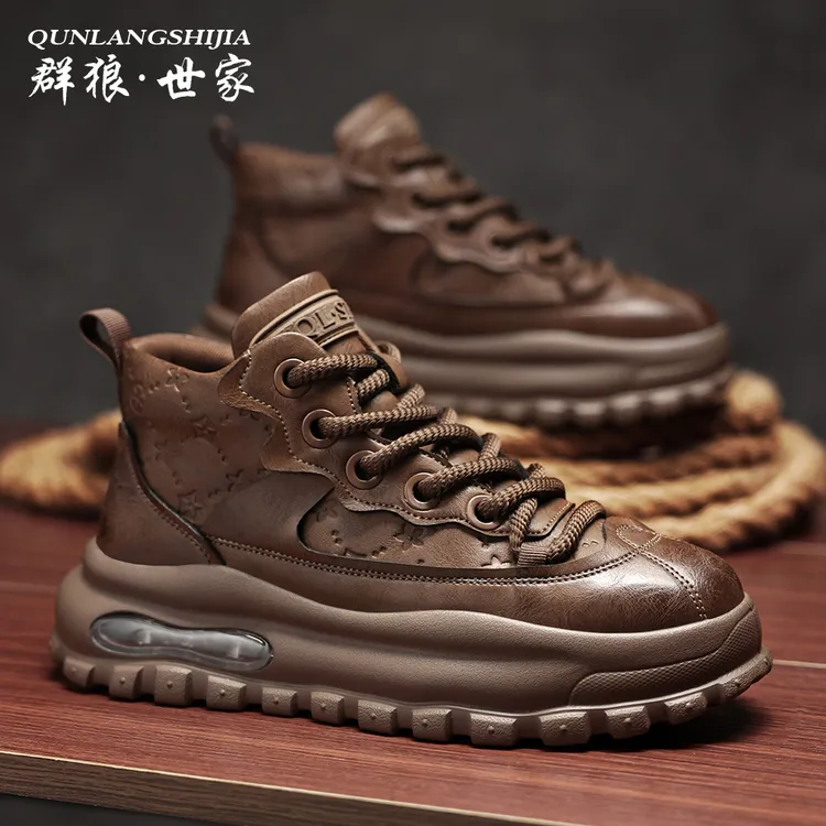 群狼·世家男鞋秋冬季加绒男士高帮鞋休闲鞋子男款厚底增高马丁靴