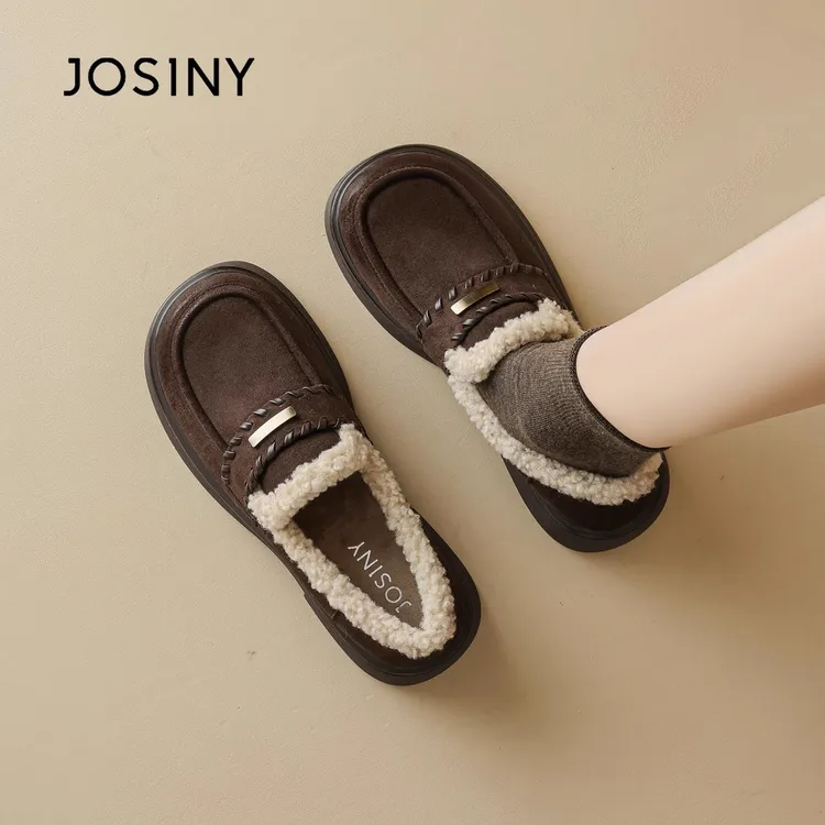 卓诗尼2025新款百搭乐福鞋冬季毛毛鞋增高加厚加绒厚底保暖棉鞋女