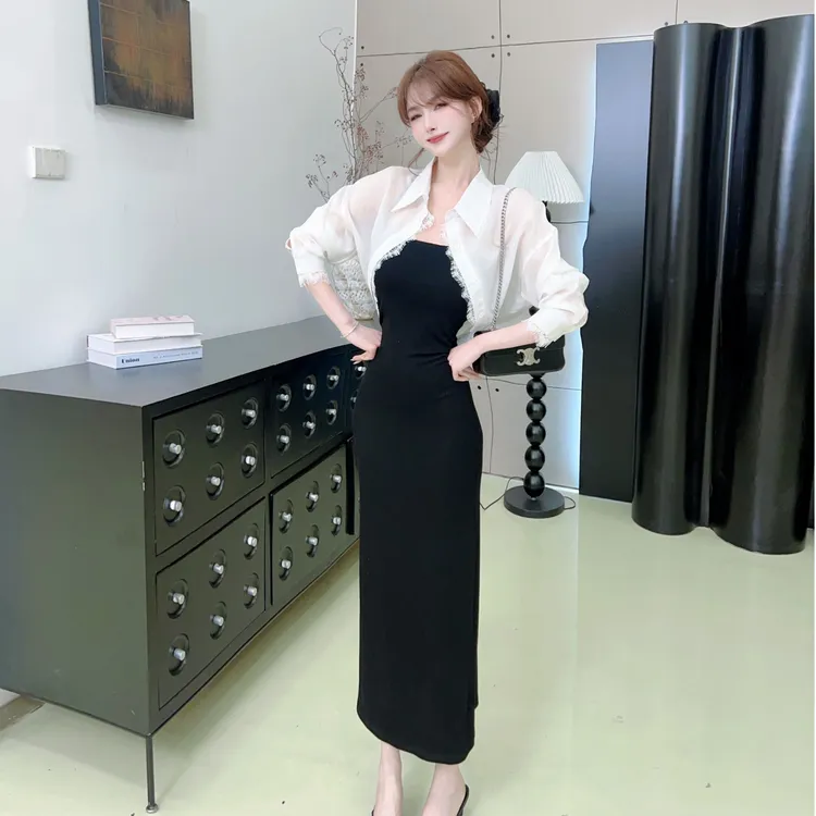 《梵高日记》披肩短款开衫➕收腰显瘦长裙两件套#8556