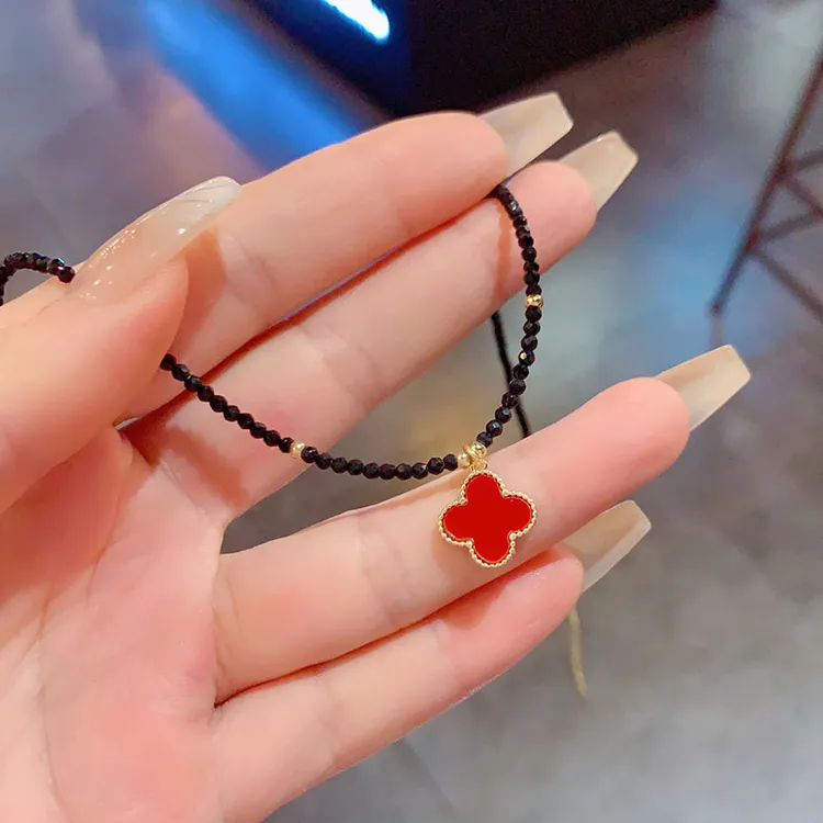 非金属合成锆石耳饰 天然黑色四叶花项链韩版时尚气质百搭锁骨链