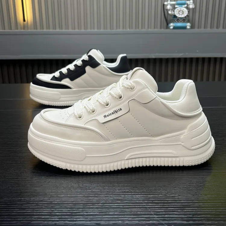 秋季时尚车缝线厚底百搭休闲鞋透气真皮潮鞋黑白色男鞋男士