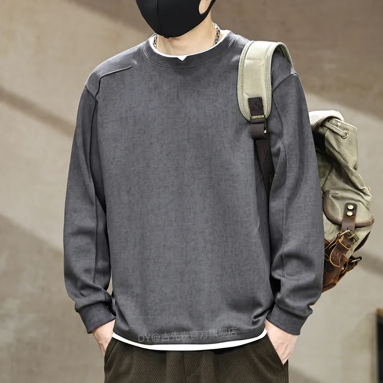 假两件长袖卫衣男秋季新款美式休闲圆领仿水洗做旧打底衫重磅上衣
