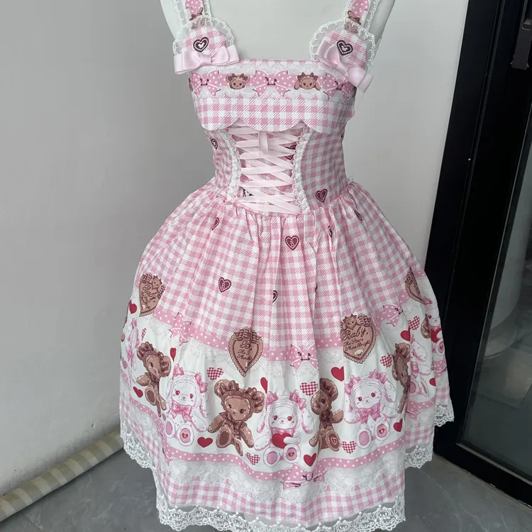 手作baby 兔熊格子正腰型jsk蝴蝶结Lolita洛丽塔连衣裙念念手作