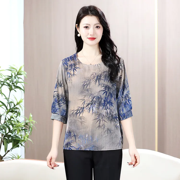 春夏时尚宽松薄款T恤中老年女装中老年丝滑小衫显瘦印花t恤夏季