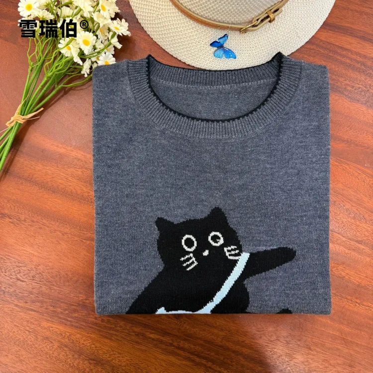 【羊毛桑蚕丝】卡通小猫经典黑灰针织衫圆领女装打底衫T恤短袖