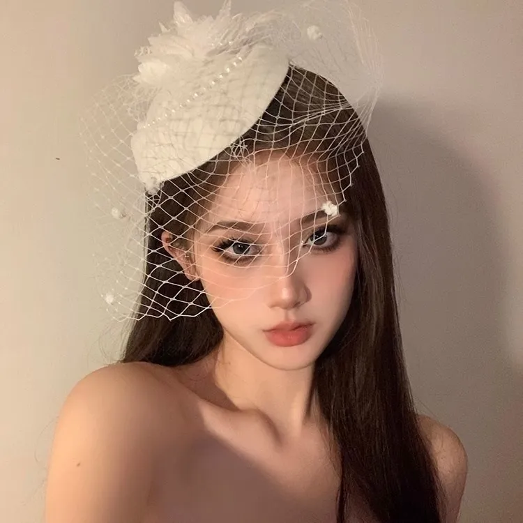 复古民国网纱礼帽女头饰新娘珍珠面纱名媛旗袍礼服发饰万圣节装饰