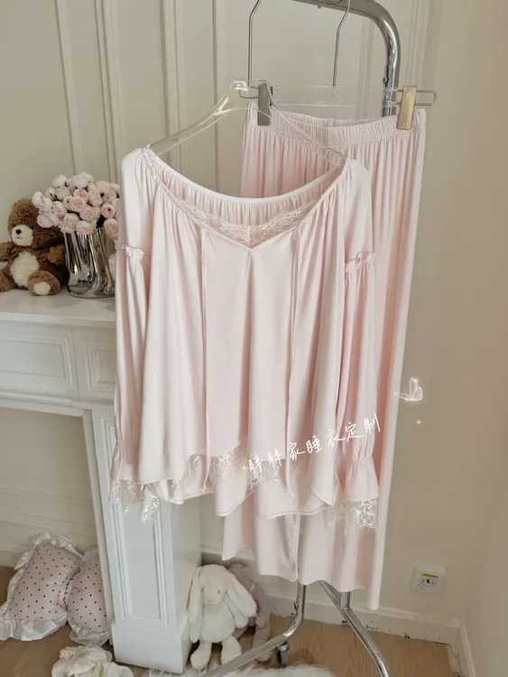 【仙品睡衣】秋季睡衣女代尔棉长袖纯欲蕾丝纯色家居服可外穿