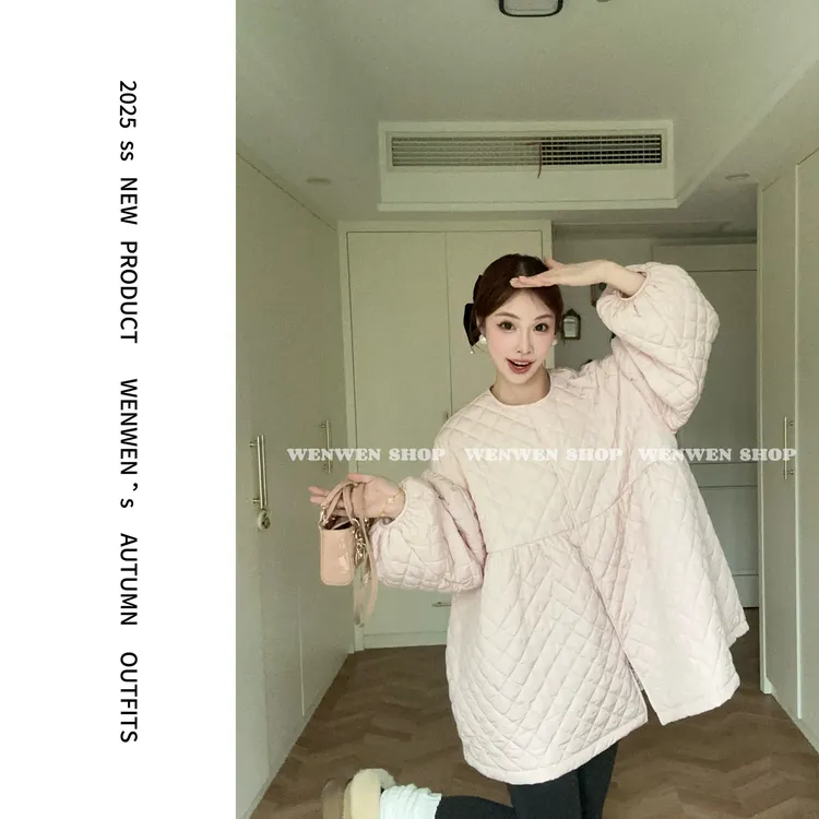 【小闻定制】秋冬新款韩版洋气圆领菱格宽松泡泡袖羽绒服258085