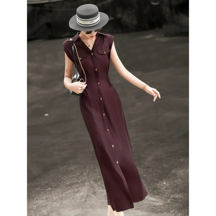 兰瑟儿夏季裙子新款复古单排扣无袖V领修身显瘦连衣裙女775XL3047