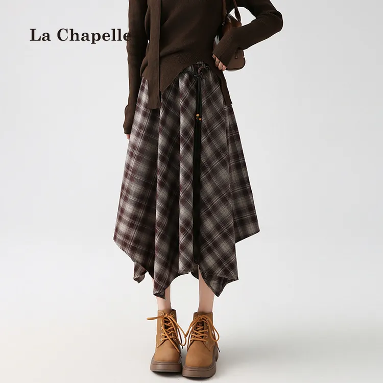 拉夏贝尔不规则格纹半身裙女秋季复古格子松紧腰显瘦中长款a字裙