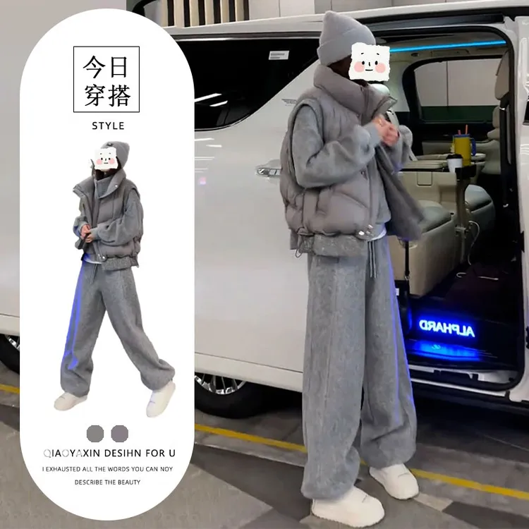 时尚休闲套装女2025年冬季新款洋气加厚马甲加绒卫衣卫裤三件套装