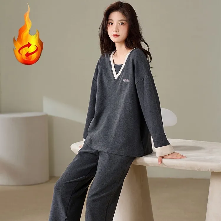 42289秋冬女士睡衣加绒毛绒睡衣套装加厚新款秋冬保暖女士家居服