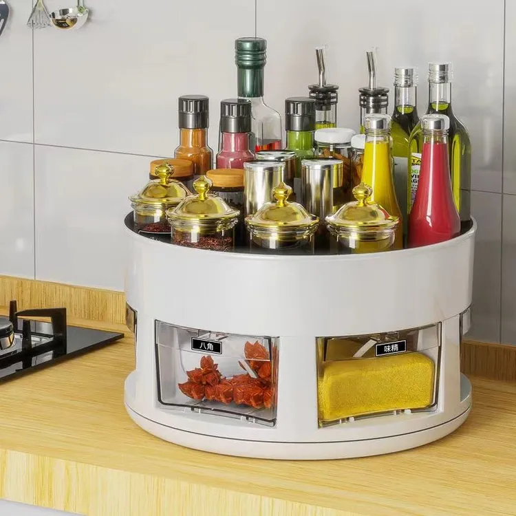 厨房置物架台面可旋转多层便捷免安装多功能收纳盒双层旋转调料架