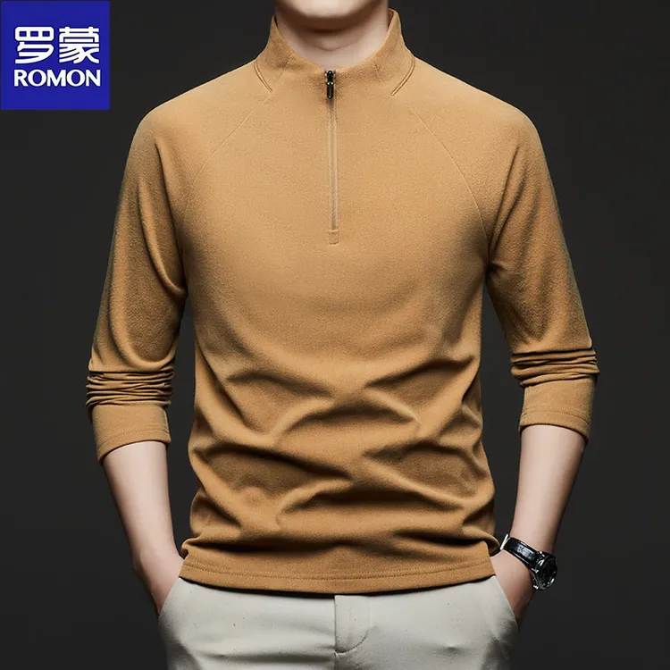 罗蒙男士德绒秋冬新款半拉链立领套头卫衣休闲时尚纯色打底衫T恤