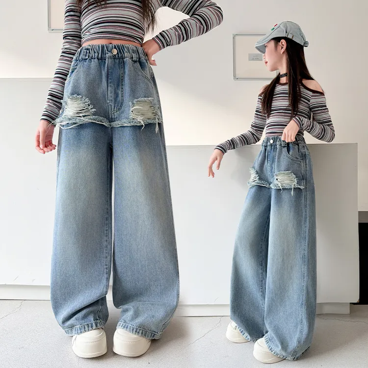 女童裤子春装2026新款6-12岁洋气中大童直筒阔腿裤儿童屁帘牛仔裤