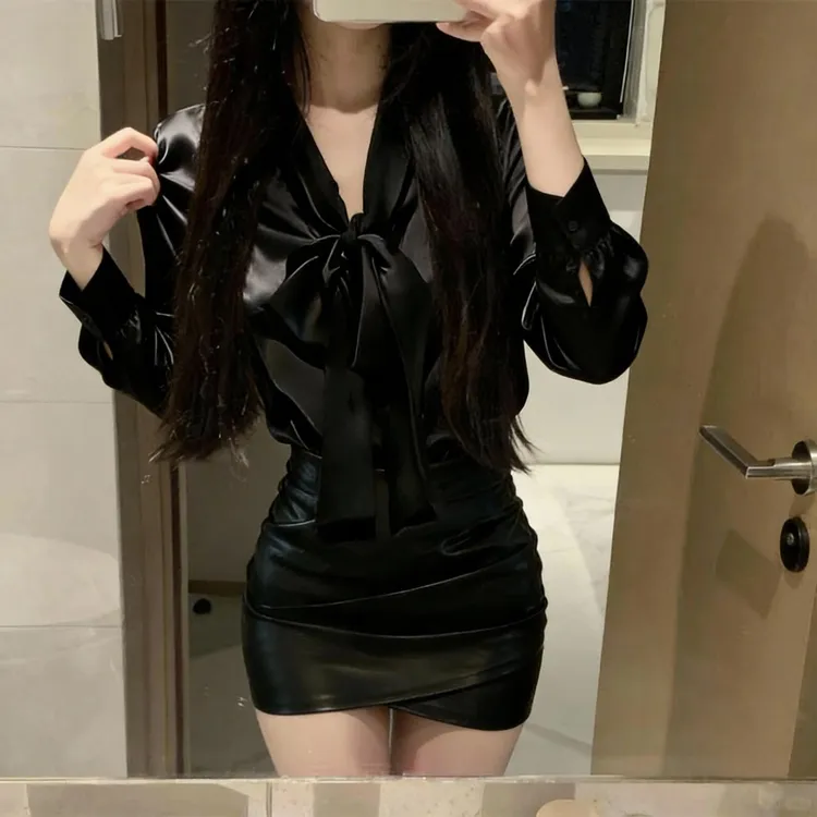 法式纯欲风黑色蝴蝶结衬衫搭配高腰包臀裙套装女