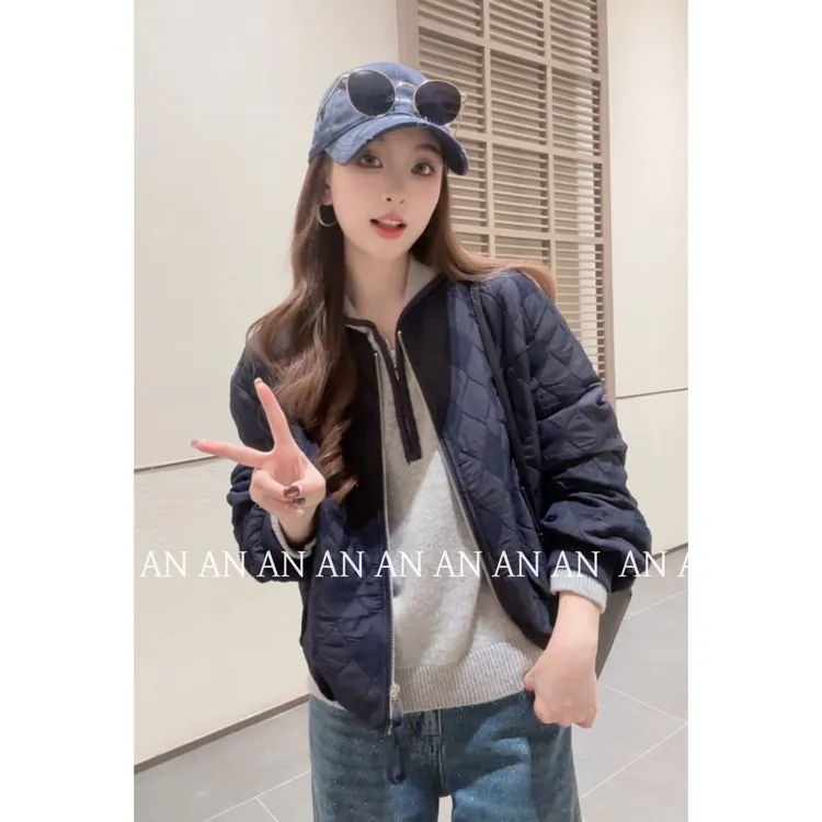 C09421韩系宽松潮流夹克百搭小个子菱格夹棉口袋棒球服外套