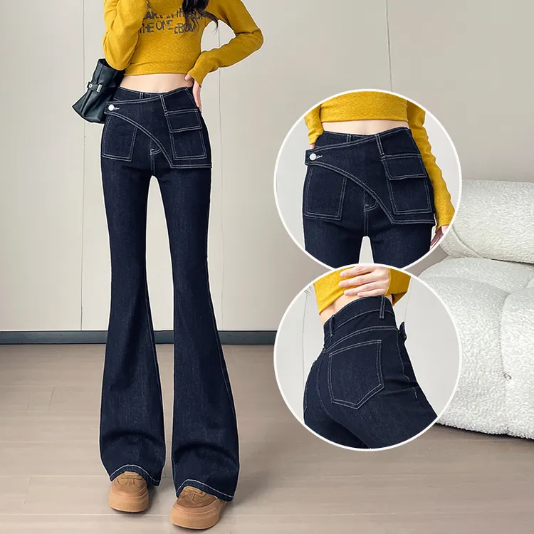 假两件微喇牛仔裤女秋冬季2025年新款设计感弹力修身显瘦喇叭裤子