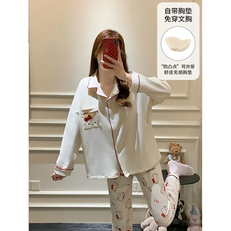 芯语婷春秋季新款带胸垫蝴蝶结凯蒂猫女士睡衣卡通甜美长袖家居服