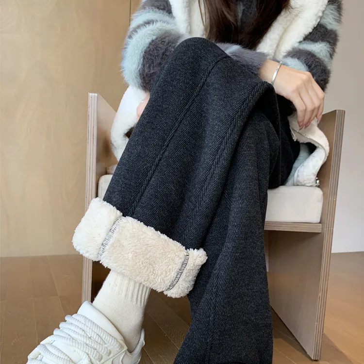 加绒加厚阔腿裤女2025冬季新款大码胖mm女裤羊羔绒休闲保暖直筒裤