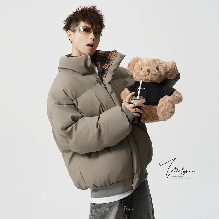 V37 美式格纹拼接棉服男女冬季加厚保暖休闲夹克外套宽松时尚棉衣