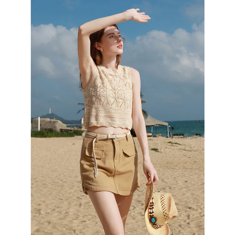 三彩2025夏季新款晕染镂空针织背心圆领无袖上衣短款度假M
