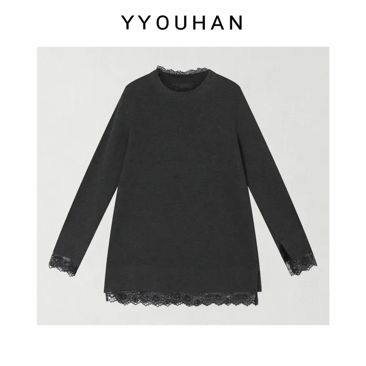 月月 2025秋冬新款面膜打底内搭手袖开叉蕾丝拼接T恤 2511C8181