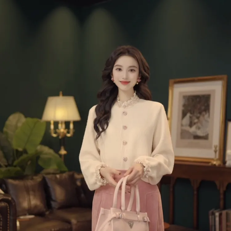 琦琦【桃花朵朵】复古港风秋冬厚款休闲百搭衬衫上衣YE0708550